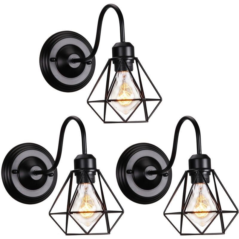Applique Murale Intérieur Design Cage Diamant Rétro Vintage Luminaire Eclairage Noir 3PCS