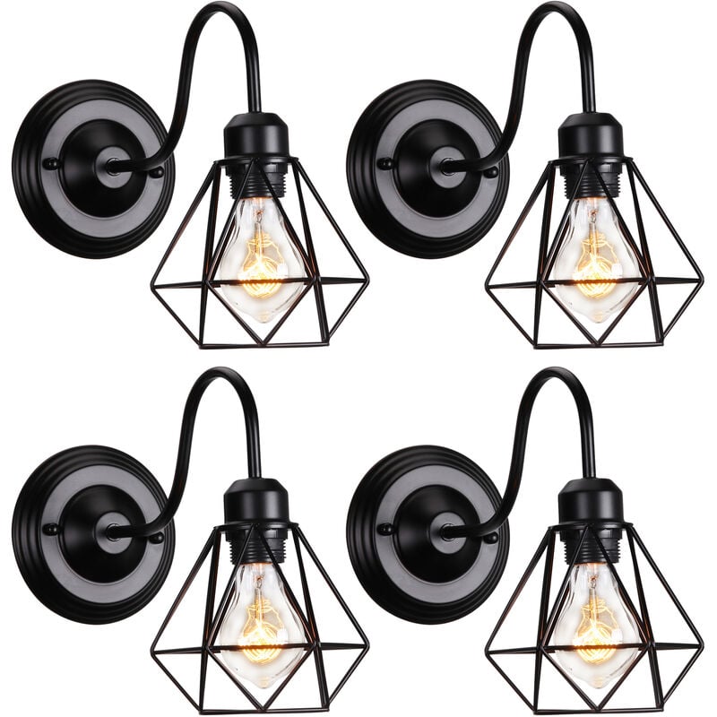 Applique Murale Intérieur Design Cage Diamant Rétro Vintage Luminaire Eclairage Noir 4PCS