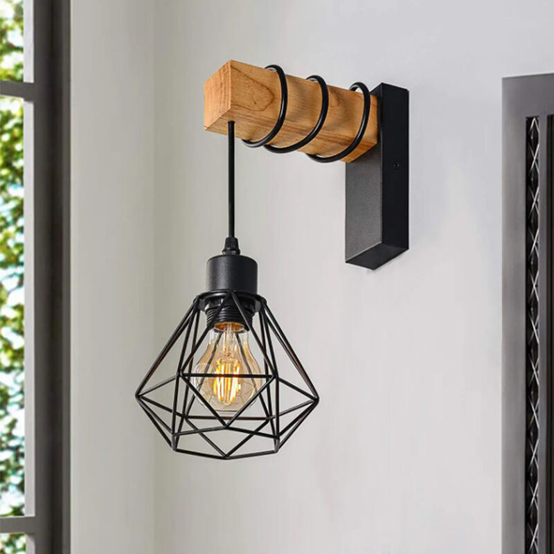 Lot de 2 Applique Murale Industrielle E27 Luminaire Vintage en Métal et Bois Rétro Cage Design Noir Lampe Murale Interieur pour Salon Chambre Cuisine