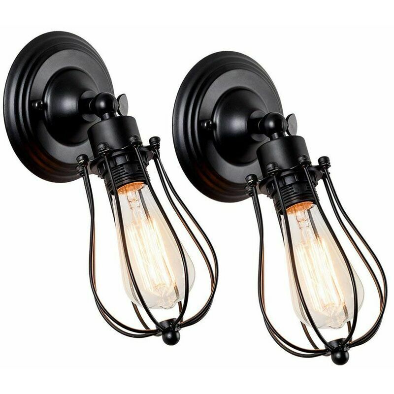 Lot de 2 Applique Murale Industrielle Métal Fer Luminaire Vintage Retro pour Maison de Champagne Café Loft Cuisine Salon et chambre d'hôtel, E27 Noir