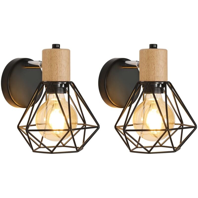 Beijiyi - Lot de 2 Applique Murale Industrielle Vintage, 360° Réglable Lampe Murale en Bois, Luminaire Murales Cage E27 en Métal et Fer pour Chambre