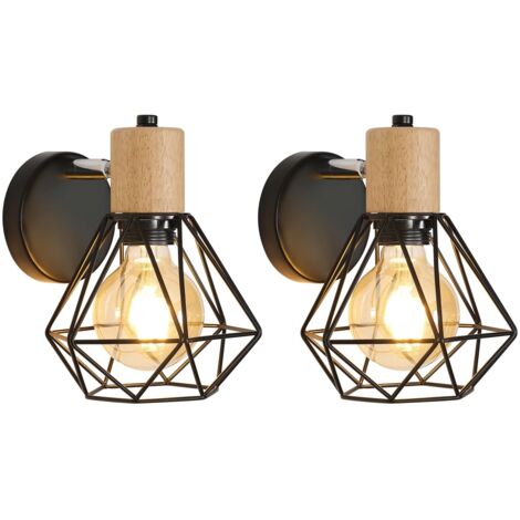 Lot de 2 Applique Murale Industrielle Vintage, 360° Réglable Lampe Murale en Bois, Luminaire Murales Cage E27 en Métal et Fer pour Chambre à Coucher Couloir Salle de Séjour Max 60W, Noir