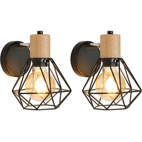 Lot de 2 Applique Murale Industrielle Vintage, 360° Réglable Lampe Murale en Bois, Luminaire Murales Cage E27 en Métal et Fer pour Chambre à Coucher Couloir Salle de Séjour Max 60W, Noir