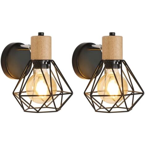 Lot de 2 Applique Murale Industrielle Vintage, 360° Réglable Lampe Murale en Bois, Luminaire Murales Cage E27 en Métal et Fer pour Chambre à Coucher Couloir Salle de Séjour Max 60W, Noir