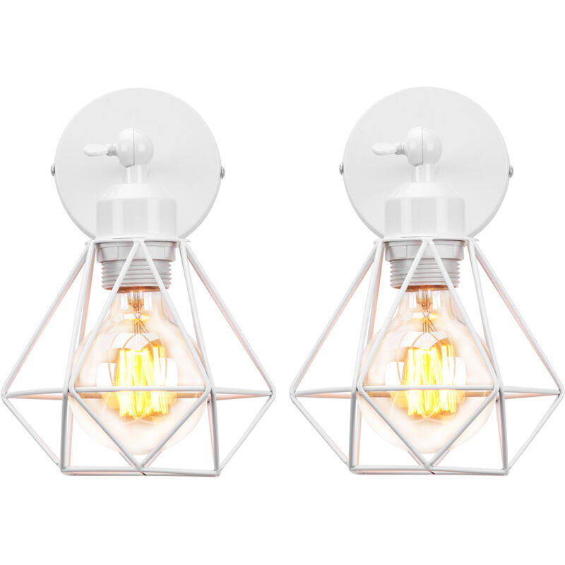 Lot de 2 Applique murale interieur industrielle réglable cage forme diamant vintage E27 pour salons chambres couloir escaliers Blanc