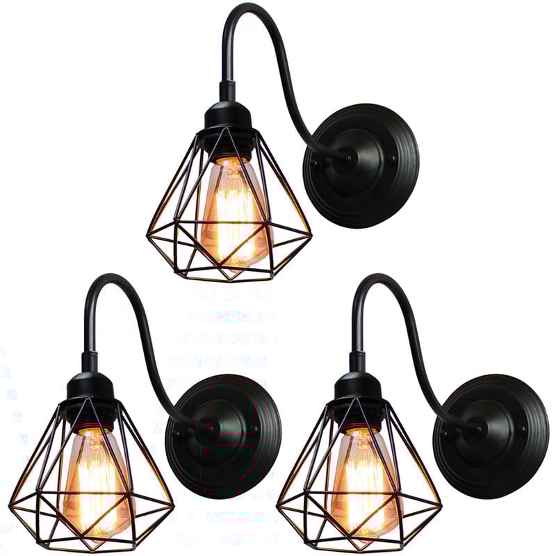 Applique Murale Intérieur Vintage Industrielle Luminaire Eclairage Cage Diamant en Métal Noir 3PCS