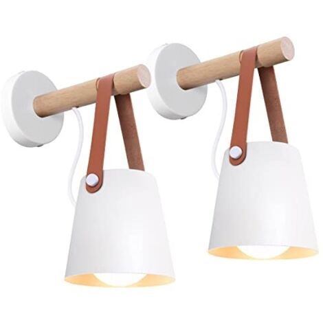 Lot de 2 Applique Murale Intérieur Vintage Lampe Murale Moderne E27 Luminaire Abat-jour en Métal avec Support en Bois Suspension Applique pour Chambre Salon Couloir (Blanc Mat)