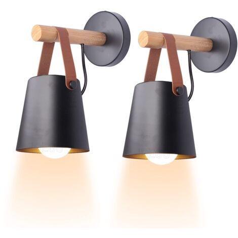 Lot de 2 Applique Murale Intérieur Vintage Lampe Murale Moderne E27 Luminaire Abat-jour en Métal avec Support en Bois Suspension Applique pour Chambre Salon Couloir (Noir)