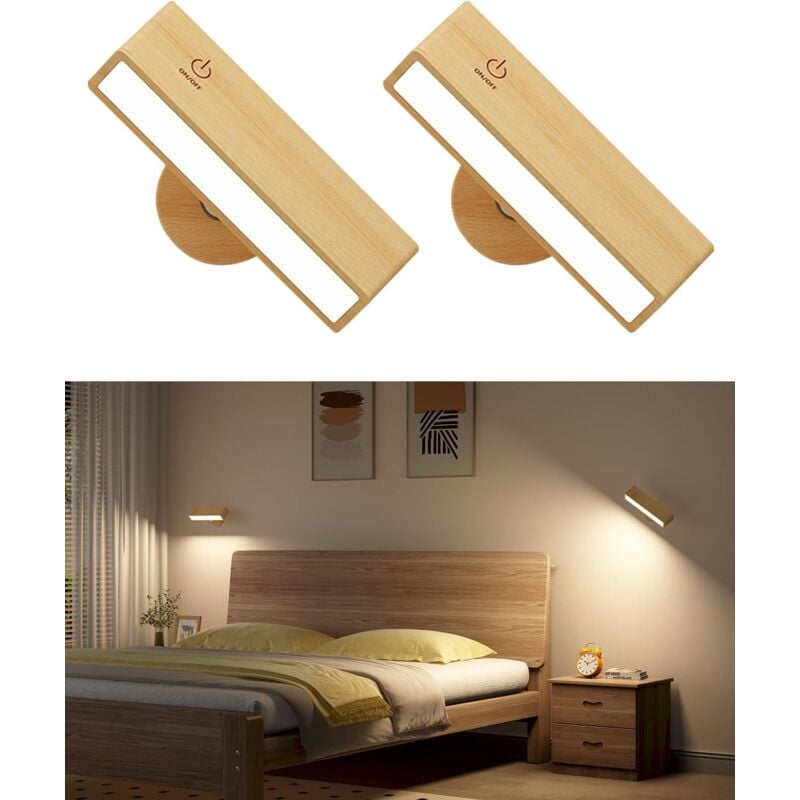 Lot de 2 Applique Murale Intérieure Bois,Lampe Murale Sans Fil Rechargeable USB,Réglage de La Luminosité Applique Murale Sans Fil Chambre,Lampe de