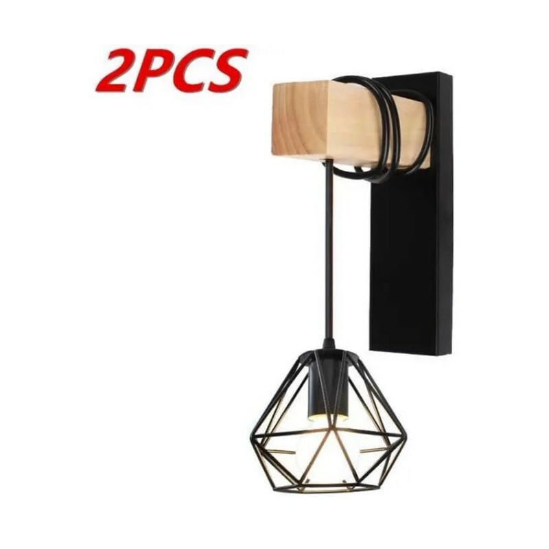 Lot de 2 Applique Murale Intérieur Vintage Industrielle Lampe Murale E27 Luminaire Abat-jour en Métal avec Support en Bois pour Salon Couloir Bar 16