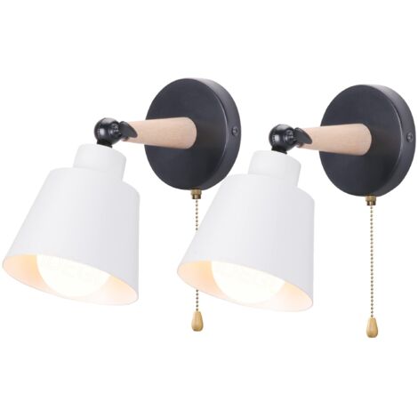 Lot de 2 Applique Murale Rétro Vintage E27 Luminaire Plafonnier Industriel en Bois Métal Réglable Lampe Murale Interieur avec Interrupteur Applique Moderne pour Chambre Entrée Salon(Blanc Mat)