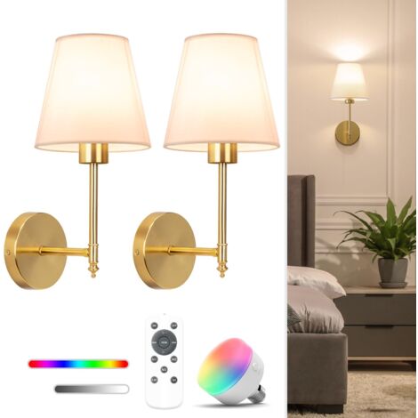 Lot de 2 appliques murales à piles de 14,5 pouces, dorées, rechargeables, avec ampoules 5200 mAh à intensité variable et télécommande, appliques sans fil 9 couleurs pour chambre, salon, couloir