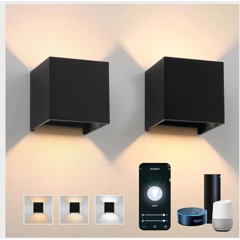 Lot de 2 appliques murales Alexa, lampe intérieure/extérieure 14 W, maison intelligente dimmable 3000 K-6000 K, contrôle d'application, IP65, angle de faisceau réglable, noir