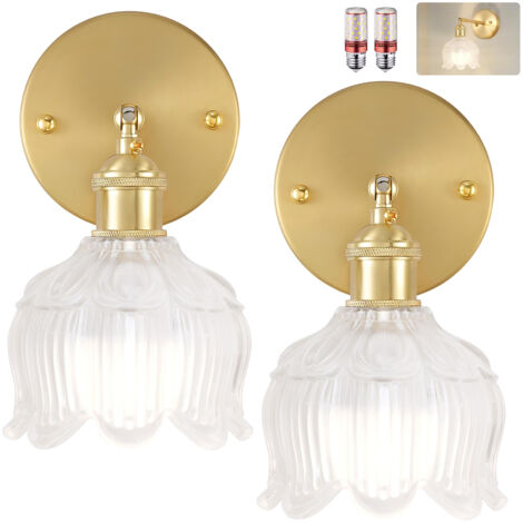 Lot de 2 appliques murales avec ampoule, lampes de chevet vintage, appliques murales pour miroir de salle de bain, applique murale fleur en verre