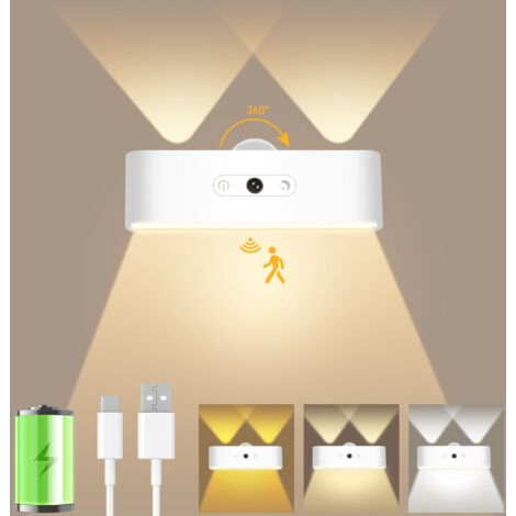 Lot de 2 appliques murales d'intérieur à batterie avec détecteur de mouvement - Lampe murale LED avec 3 modes de couleur et intensité variable - Rechargeable - 4000 mAh - Applique murale [Classe énerg