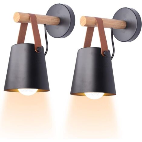 Lot de 2 appliques murales d'intérieur minimalistes vintage, lampe murale moderne E27, luminaire, abat-jour en métal avec support en bois pour chambre à coucher, bureau, couloir