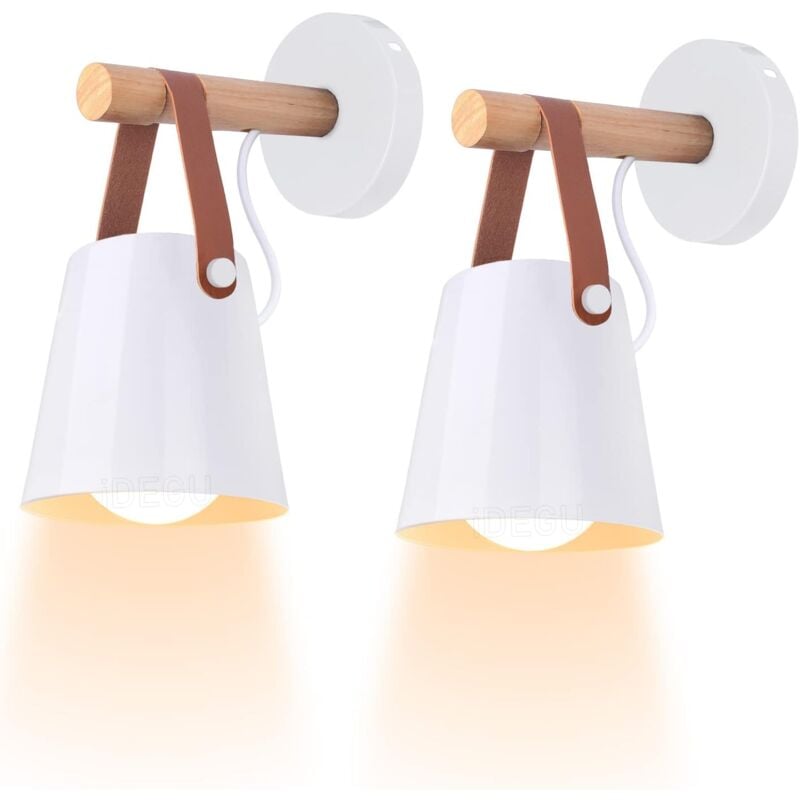 Lot de 2 appliques murales d'intérieur vintage et minimaliste Lampe murale moderne E27 avec abat-jour en métal et support en bois pour chambre à