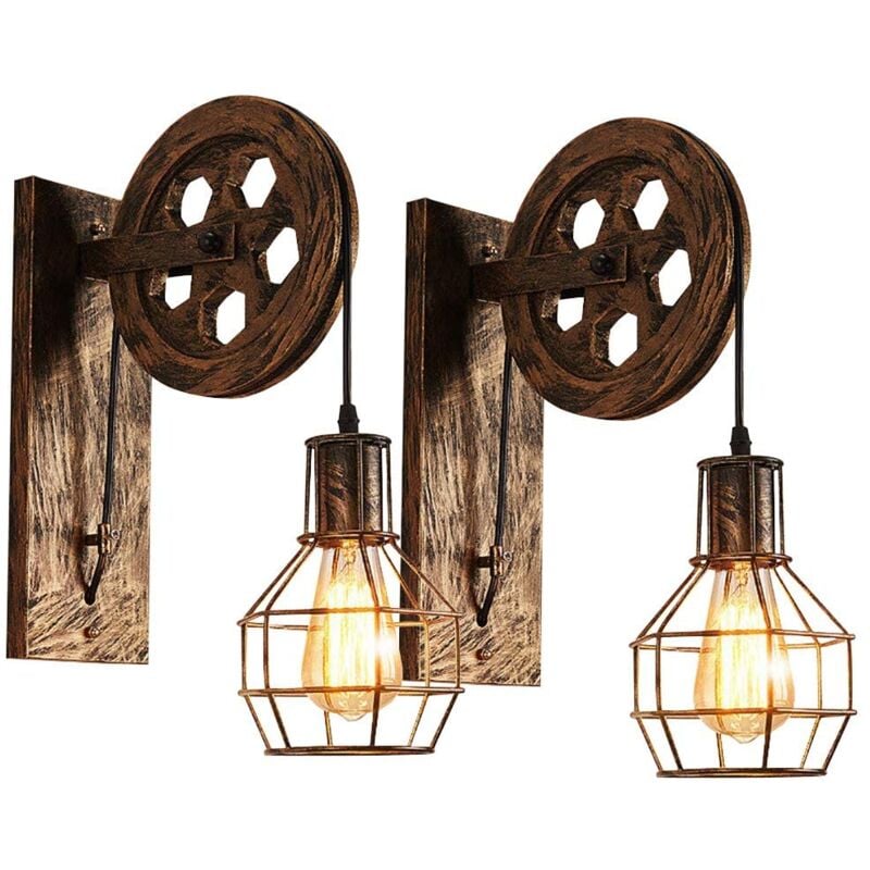 Lot de 2 Appliques Murales Industrielle, Éclairage Mural Vintage Poulie Lampe de Mur Luminaire Intérieur - Bronze