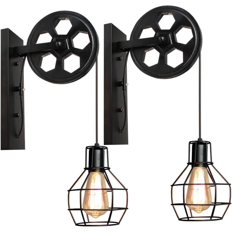 Lot de 2 Appliques Murales Industrielle, Éclairage Mural Vintage Poulie Lampe de Mur Luminaire Intérieur - Noir