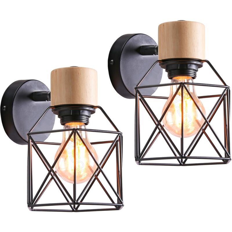 Lot de 2 Appliques Murales Industrielles Design Cage en Métal Lampe Murale Bois Décoration Ajustable Vintage Luminaire Interieur pour Chambre Couloir
