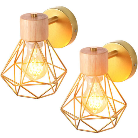 Lot de 2 Appliques Murales Industrielles Réglable Design Cage en Bois Métal 16CM, Lampe Murale Intérieure Vintage E27 Luminaire pour Chambre Salon Cuisine Couloir Doré