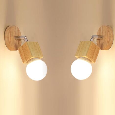 Lot de 2 Appliques Murales Interieure en Bois Lampe Murale Deco Rétro, Lampe Murale 350° Rotative Industrielle Éclairage Mural E27 Plafonnier pour Couloir Chambre Bar (Carré)