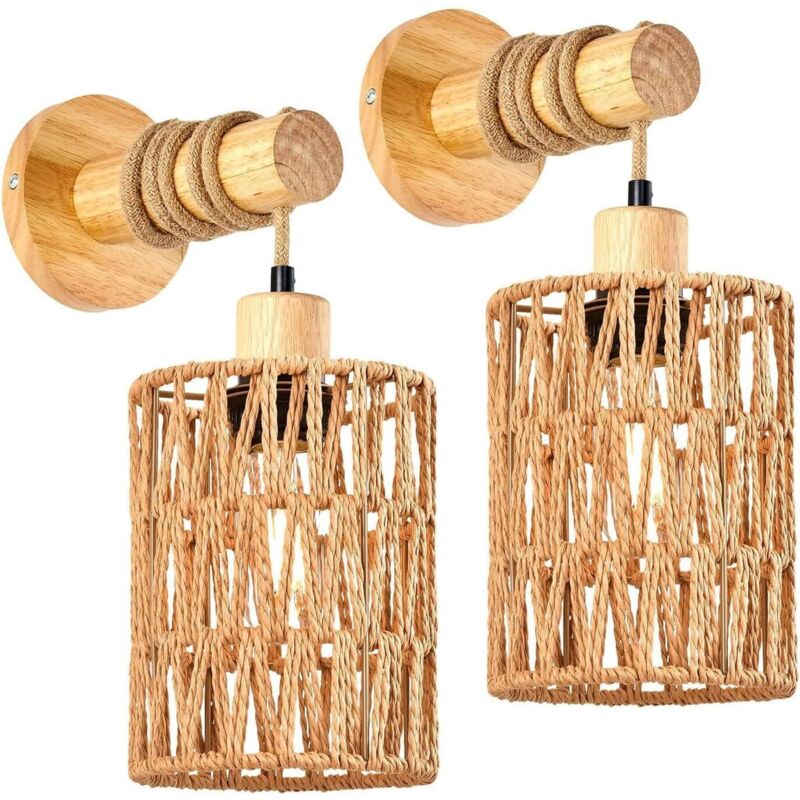 Lot de 2 Appliques Murales Intérieures E27 – Bois Vintage, USB Rechargeable, Avec Ampoule, Lampe Murale Bohème