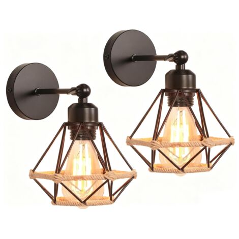 Lot de 2 Appliques Murales Interieures Industrielle,Métal Design Cage Noir Réglable Lampe Murale Vintage pour Salon Cuisine Chambre (Corde de Chanvre, 2 Pièces)