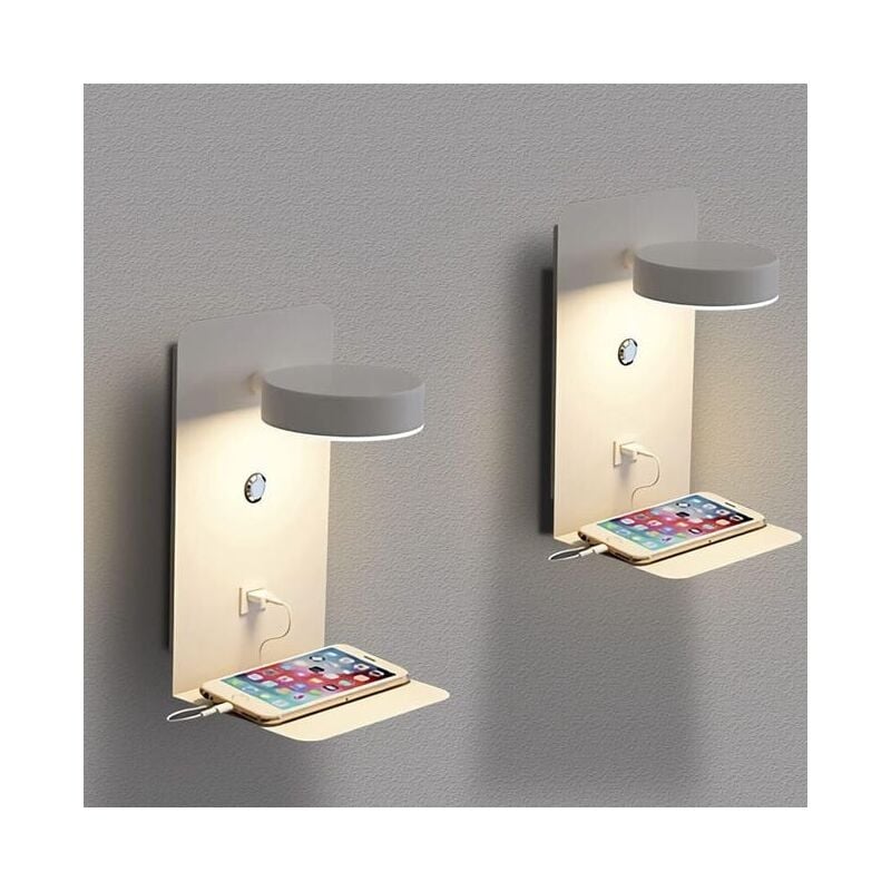 Tonchean - Lot de 2 appliques murales led d'intérieur avec port usb 12 w tricolores à intensité variable avec interrupteur, lampe de chevet rotative