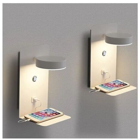 Lot de 2 appliques murales LED d'intérieur avec port USB 12 W tricolores à intensité variable avec interrupteur, lampe de chevet rotative à 330°,blanc