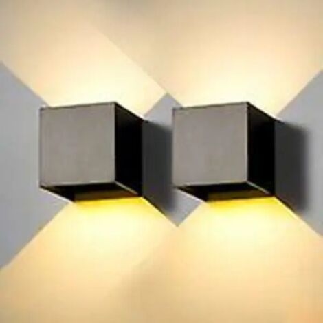 Lot de 2 appliques murales LED pour intérieur/extérieur, noir moderne, 6 W, blanc chaud 3000 K, boîtier carré en aluminium étanche IP65, angle d'éclairage réglable