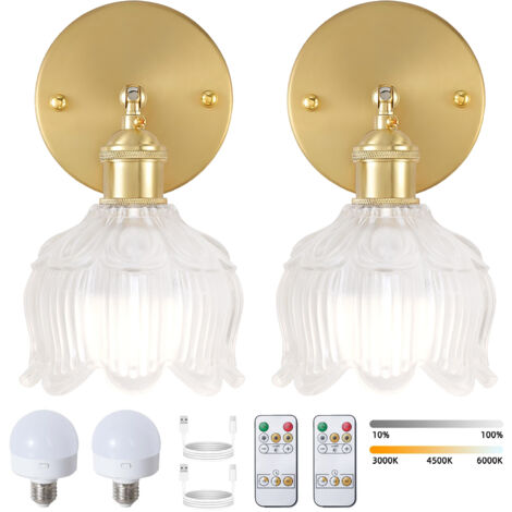 Lot de 2 appliques murales LED rechargeables avec télécommande, lampe de chevet sans fil, intensité variable, 3 températures de couleur, avec ampoule