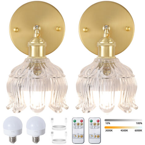 Lot de 2 appliques murales LED rechargeables avec télécommande, lampe de chevet sans fil, intensité variable, 3 températures de couleur, avec ampoule