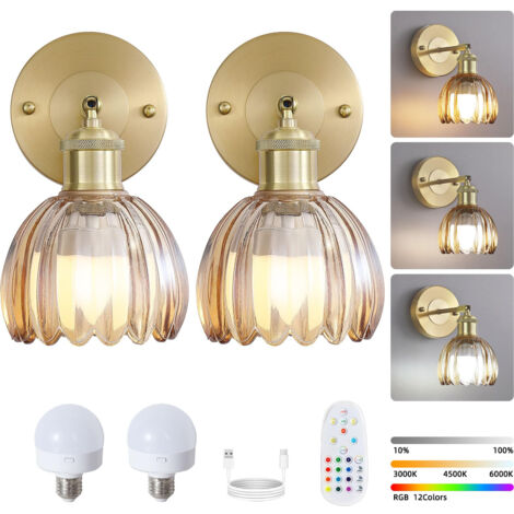 Lot de 2 appliques murales LED rechargeables avec télécommande, lampe de chevet sans fil, intensité variable, changement de couleur RVB, 3 000K-6 000K
