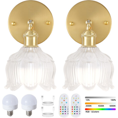 Lot de 2 appliques murales LED rechargeables avec télécommande, lampe de chevet sans fil, intensité variable, changement de couleur RVB, 3 000K-6 000K