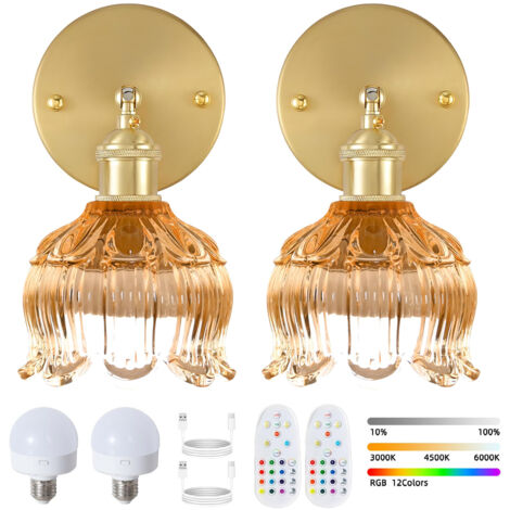 Lot de 2 appliques murales LED rechargeables avec télécommande, lampe de chevet sans fil, intensité variable, changement de couleur RVB, 3 000K-6 000K