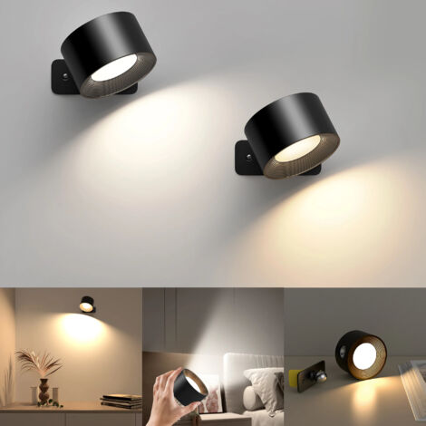 Lot de 2 appliques murales LED, veilleuse magnétique rotative à 360 ° avec 3 températures de couleur, lampe de lecture USB à intensité variable, noir