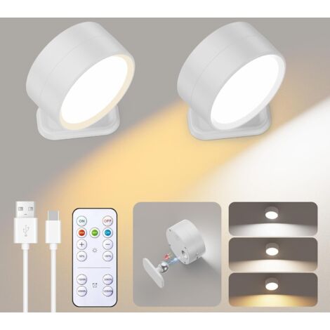Lot de 2 appliques murales magnétiques LED, rechargeables par USB, avec télécommande, idéales pour les chambres, blanches.