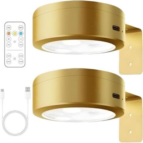 Lot de 2 appliques murales magnétiques pour tableau - Lampe murale à piles rechargeable sans fil avec télécommande, 3 températures de couleur, rondelle LED pour cadre de peinture (doré)