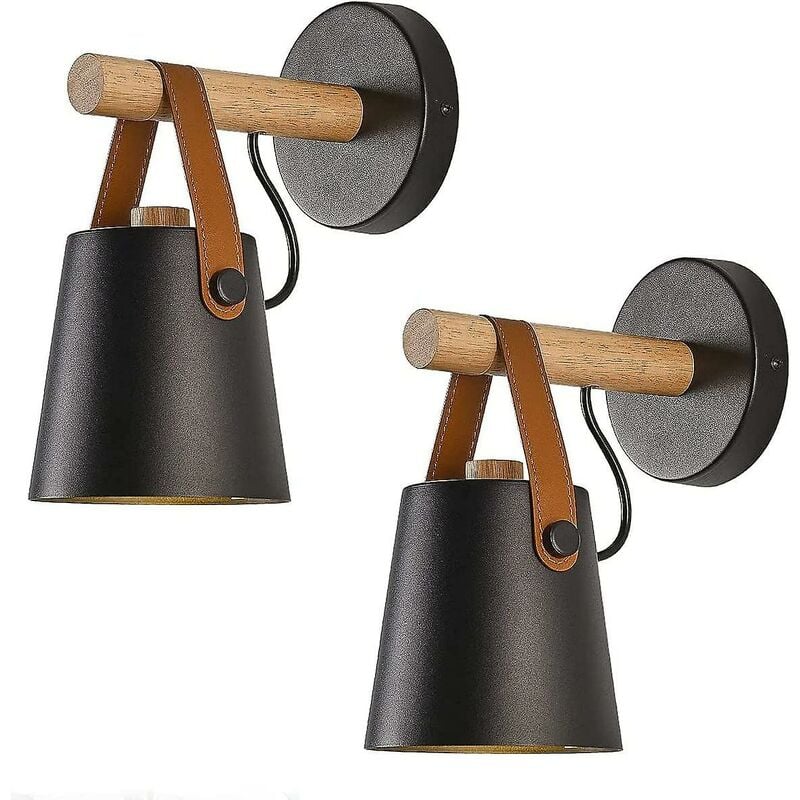 Lot de 2 appliques murales modernes E27 style métal fer forgé ceinture bois luminaire industriel Pr (sans ampoule)noir