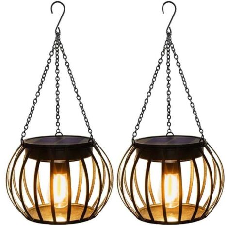 Lot de 2 appliques solaires d'extérieur, lanternes suspendues, lampes de jardin résistantes à l'eau - Forme de lanterne ronde