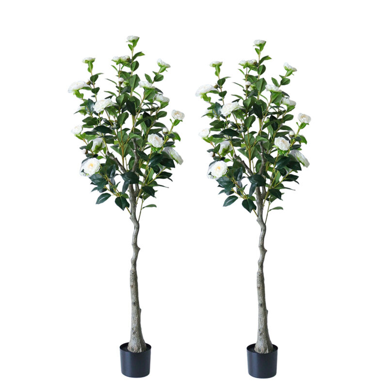 Lunsy - Lot de 2 Arbre à Fleurs de Camélia Blanc réaliste, 150cm Arbre à Fleurs Artificiel, Plante Florale en Pot Blanc pour la décoration intérieure
