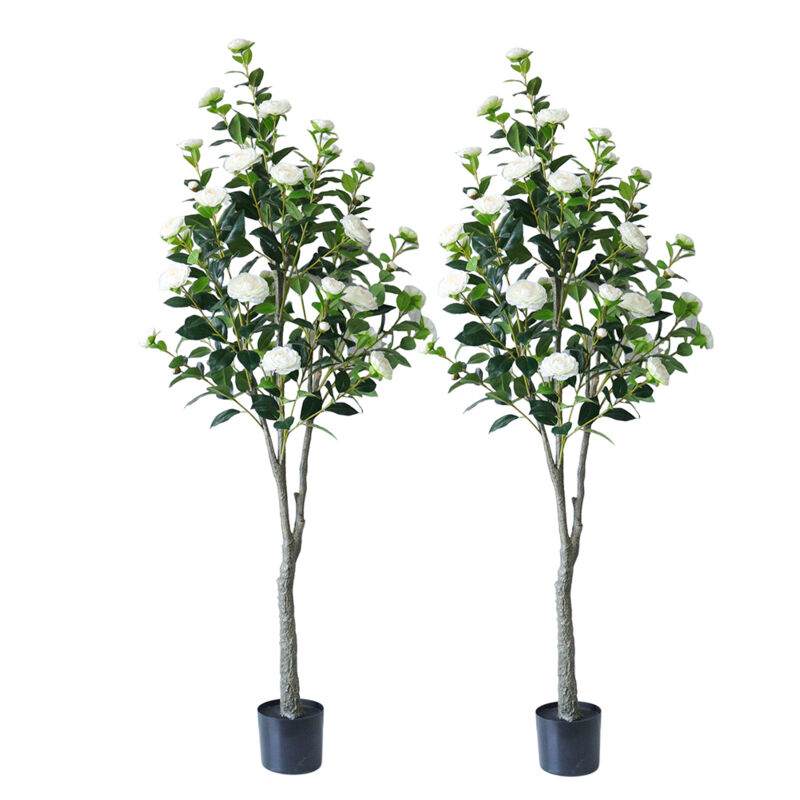 Lunsy - Lot de 2 Arbre à Fleurs de Camélia Blanc réaliste, 180cm Arbre à Fleurs Artificiel, Plante Florale en Pot Blanc pour la décoration intérieure