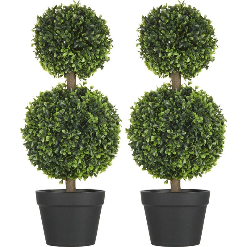 Lot de 2 arbres buis artificiel double boules avec tronc et pot inclus - H.60 cm pe vert - Vert