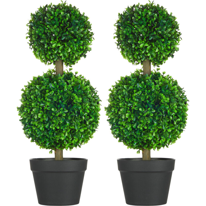 Lot de 2 arbres buis artificiel double boules avec tronc et pot inclus - H.60 cm pe vert