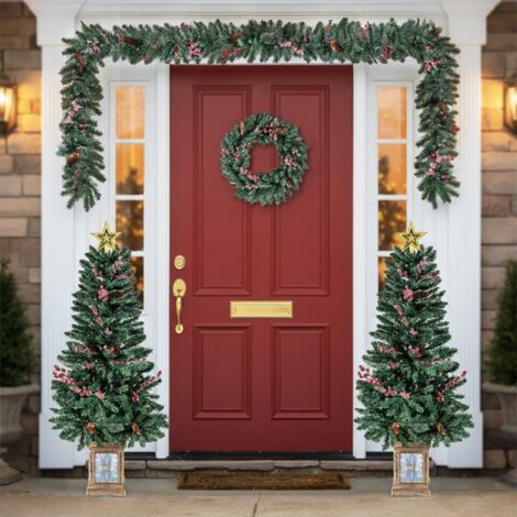 Lot de 2 Arbres d'Entrée avec Guirlande et Couronne Ensemble de 4 Sapins de Noël en Pot avec Pommes de Pin Baies Rouges Givrée Vert