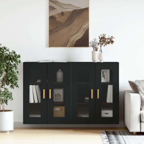 Lot de 2 Armoires murales modernes,Buffets hauts,Placards de Rangement suspendus noir bois d'ingénierie -QS10510