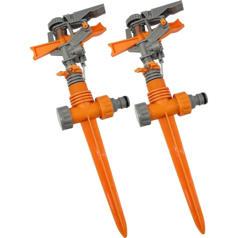 Lot de 2 Arroseurs/Asperseurs 1/2'' à Impulsion/à Batteur Rotatif/Circulaire/Cracheur/par Cliquet sur Piquet en Plastique - Système d'Arrosage
