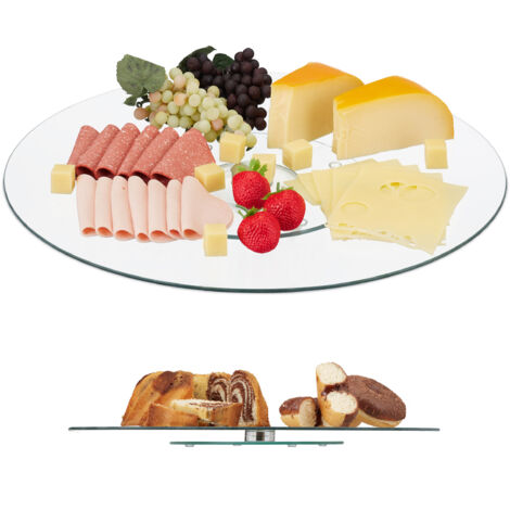 Lot de 2 assiettes de service, Plateau tournant, Assiette présentation verre pâtisserie, 360°, 45 cm, transparent/argent