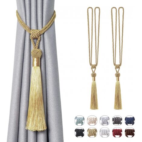 Lot de 2 attaches de rideaux à longs pompons, faites à la main, style européen tressé, pour décoration de fenêtre (doré)